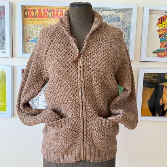Cozy Vintage 80s brown zip cardigan with leather elbow patches - Picture 1 of 15